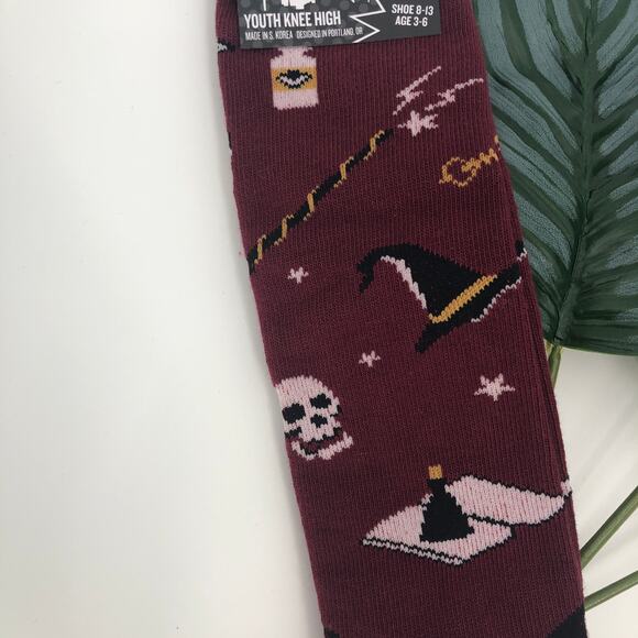 Sock It To Me Maroon Red Black Magic Hat Moon Spell Halloween Kids Knee Socks - Picture 5 of 9